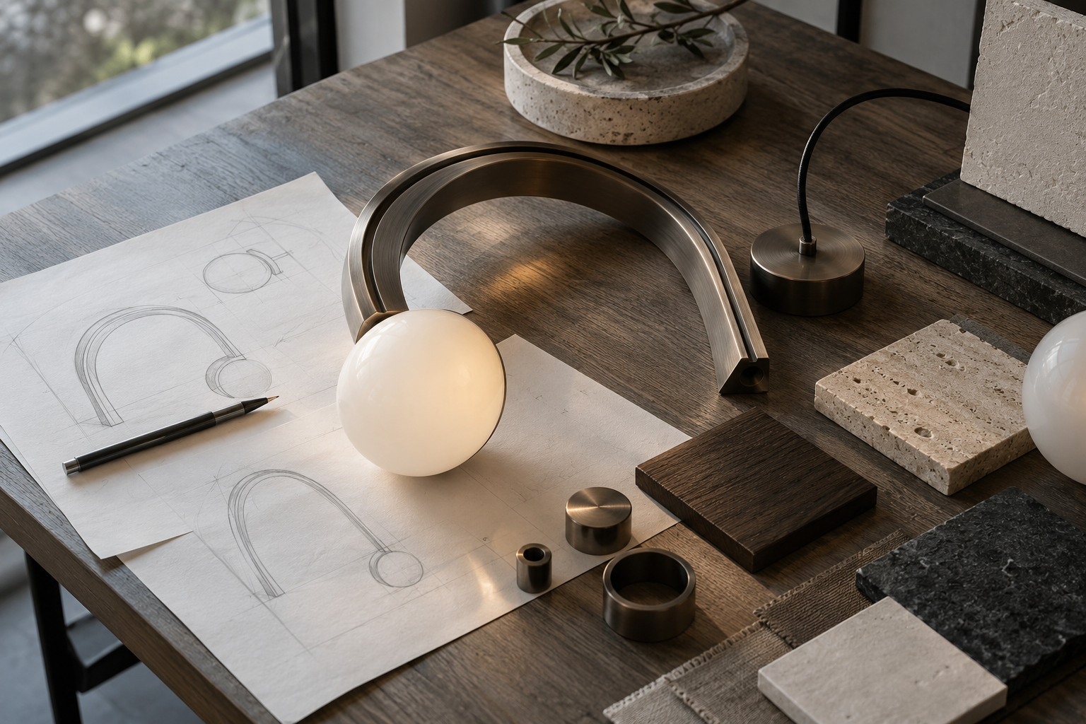Caldrian material and lighting prototypes on a studio table