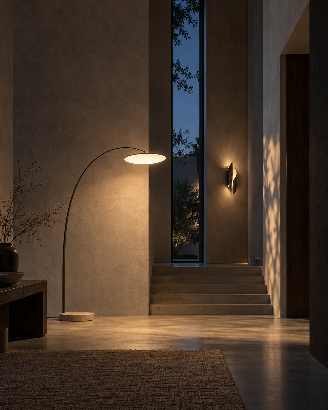 A tall architectural interior shaped by quiet warm light