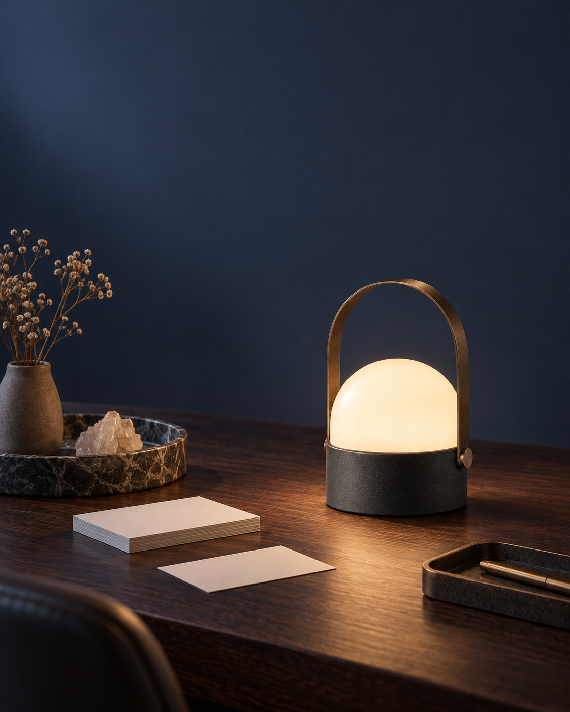 A quiet Caldrian customer care desk illuminated by a portable lamp