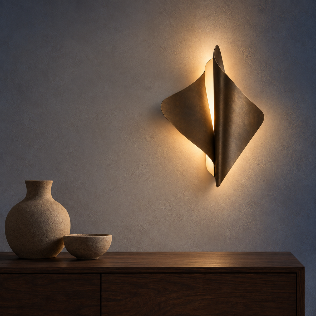 Aster Fold Sconce installed above a dark wood sideboard