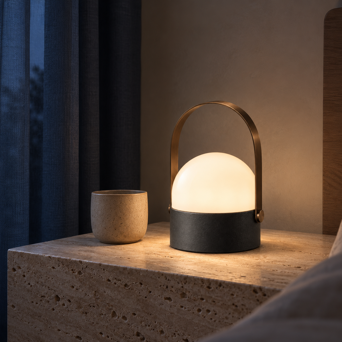 Auric Carry Lamp on a travertine bedside table