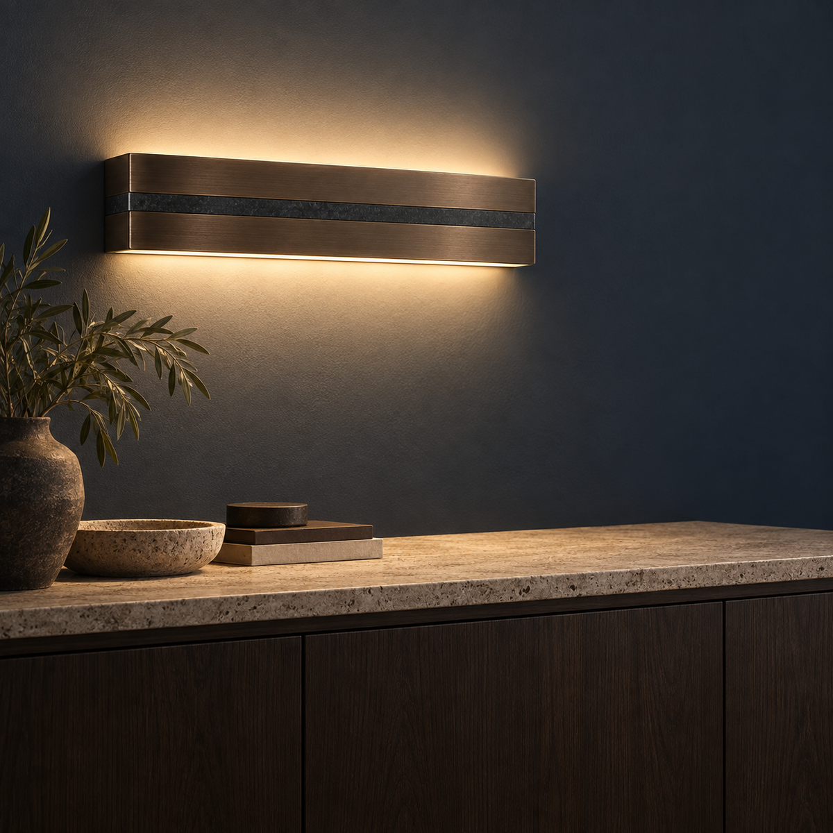 Hearthline Wall Light installed above a dark wood sideboard