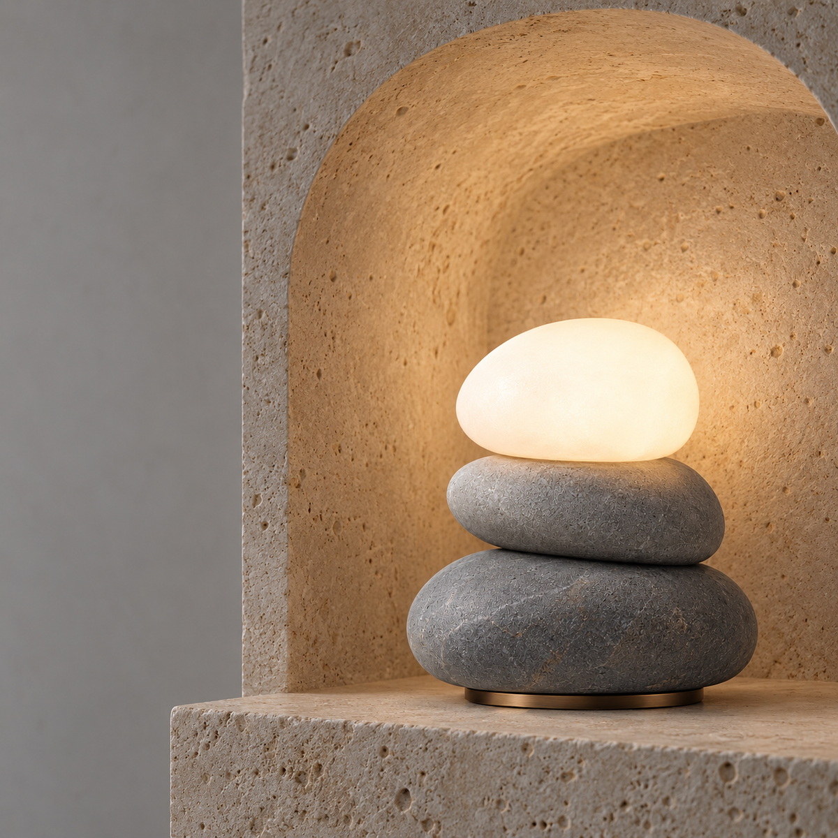 Lumen Cairn Lamp in a travertine wall niche
