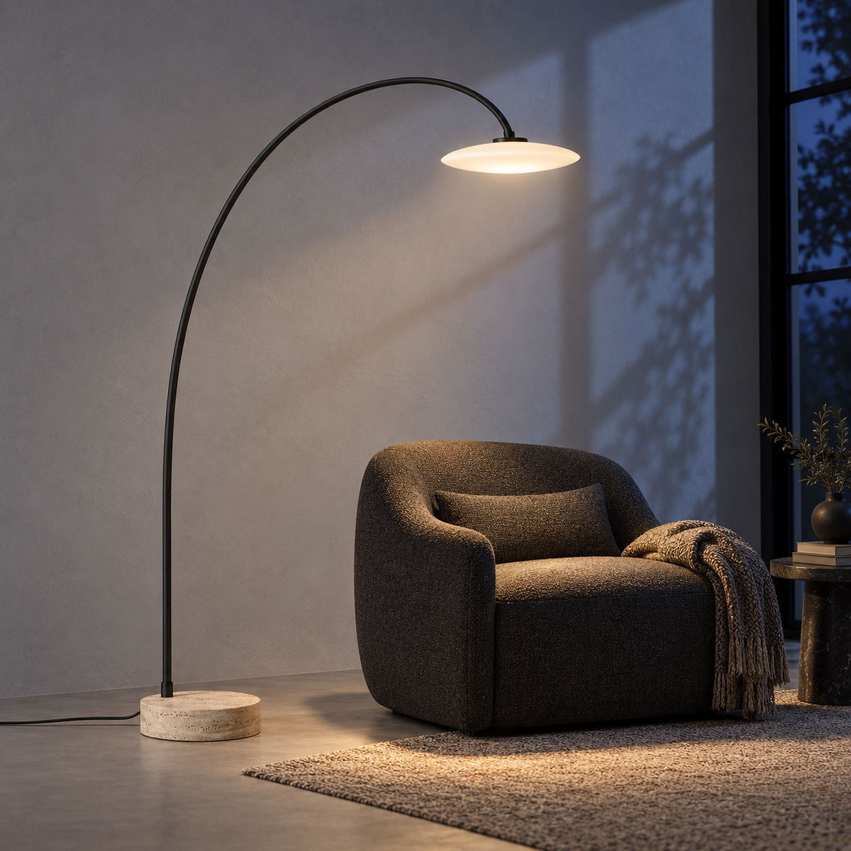 Meridian Arc Floor Lamp over a low reading chair