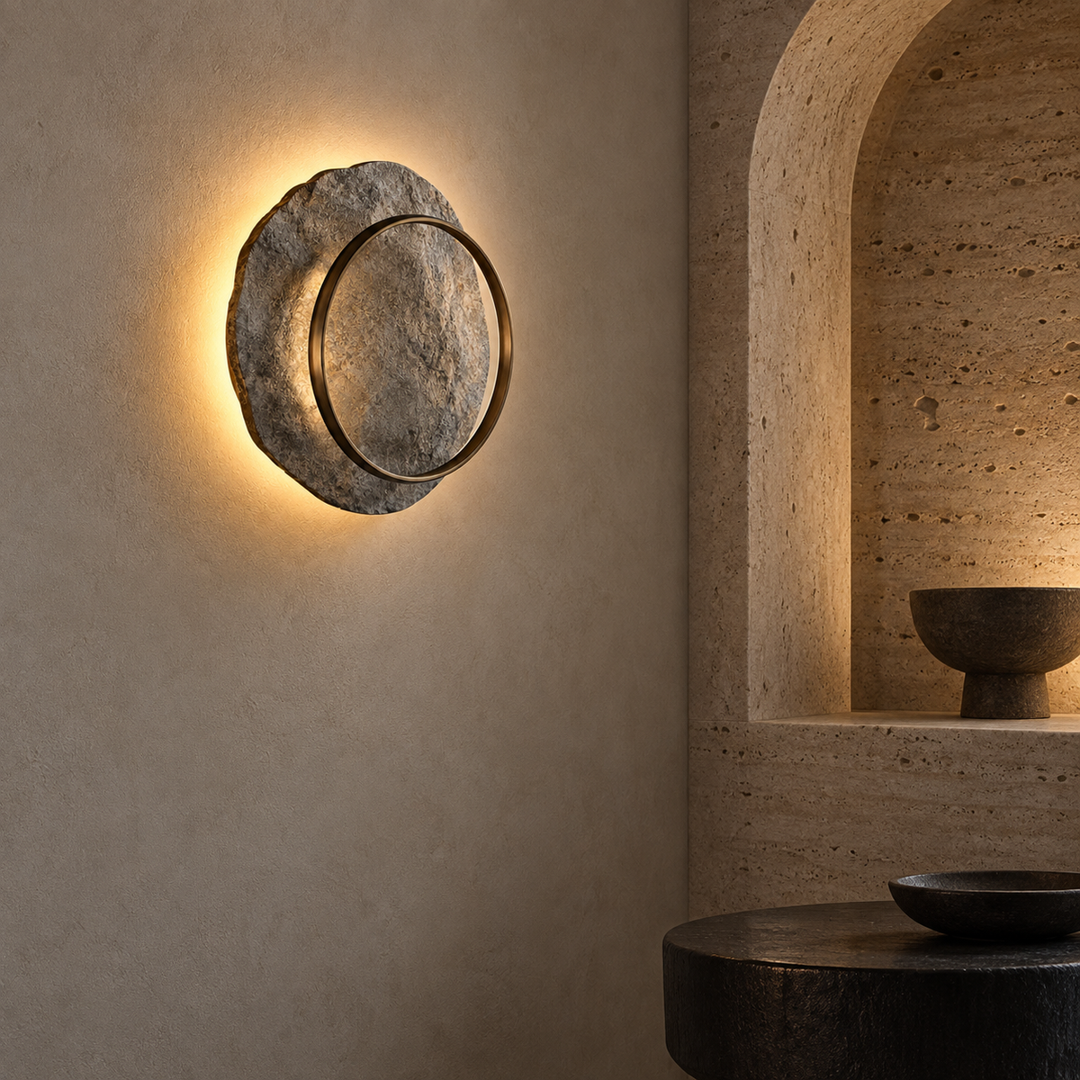 Quarry Halo Sconce installed beside a travertine niche