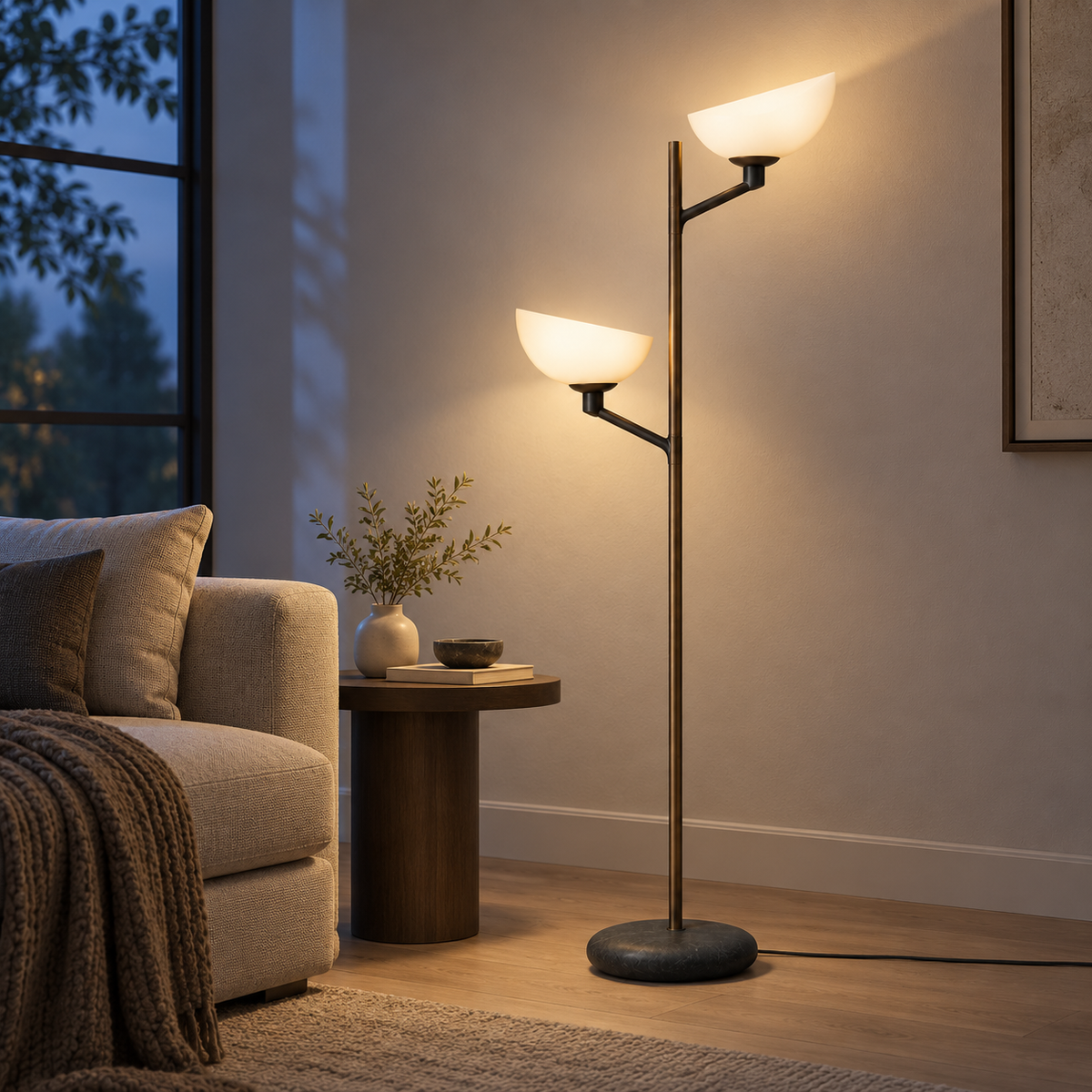 Solstice Twin Floor Lamp creating two room light zones