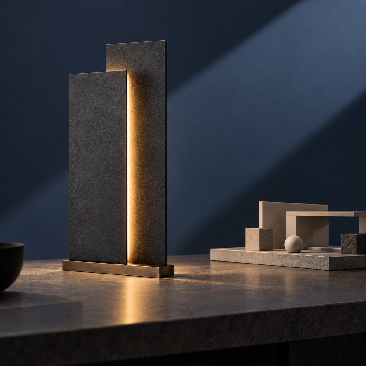 Strata Beam Lamp beside an abstract architectural model