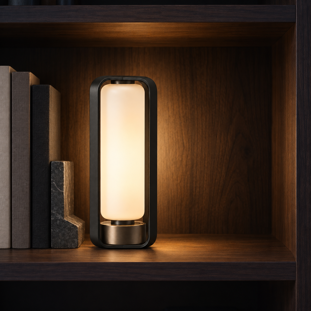 Vesper Lantern illuminating a dark wood shelf