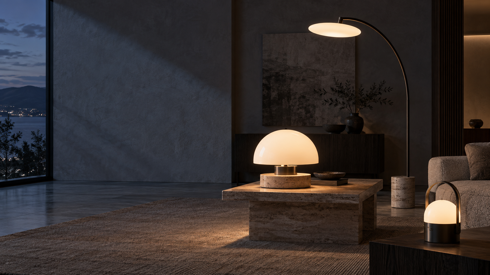 Caldrian lighting shaping a mineral interior at dusk