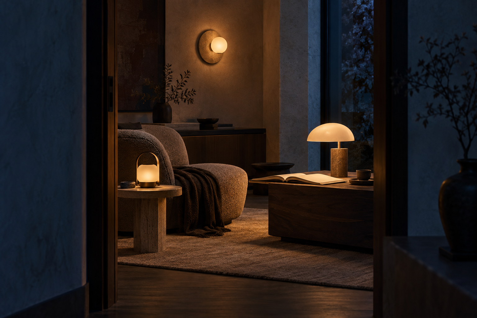 A calm reading corner with layered evening light
